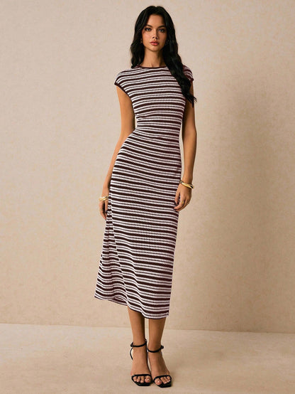 Casual Multicolor Striped Waist round Neck Short Sleeve Long Pattern Women Dress  DestGlow