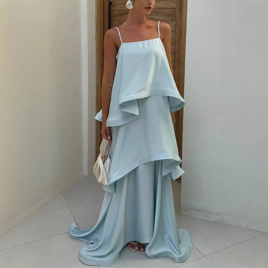Spring Summer Satin Sling Multi Layer Dress Casual Loose Vacation Dress  DestGlow