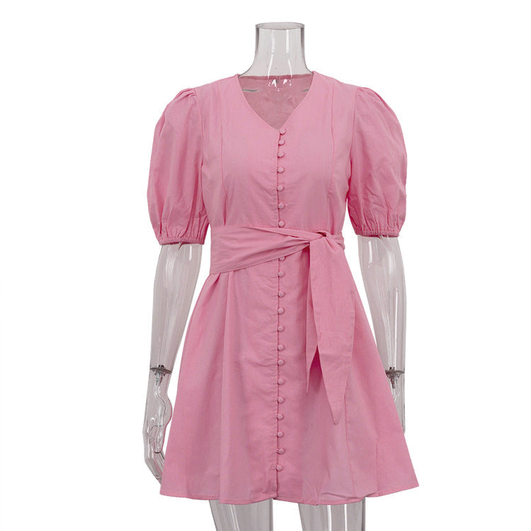French Dress Women V neck Puff Sleeve Single Breasted Lace up High Waist A line by Ragazza