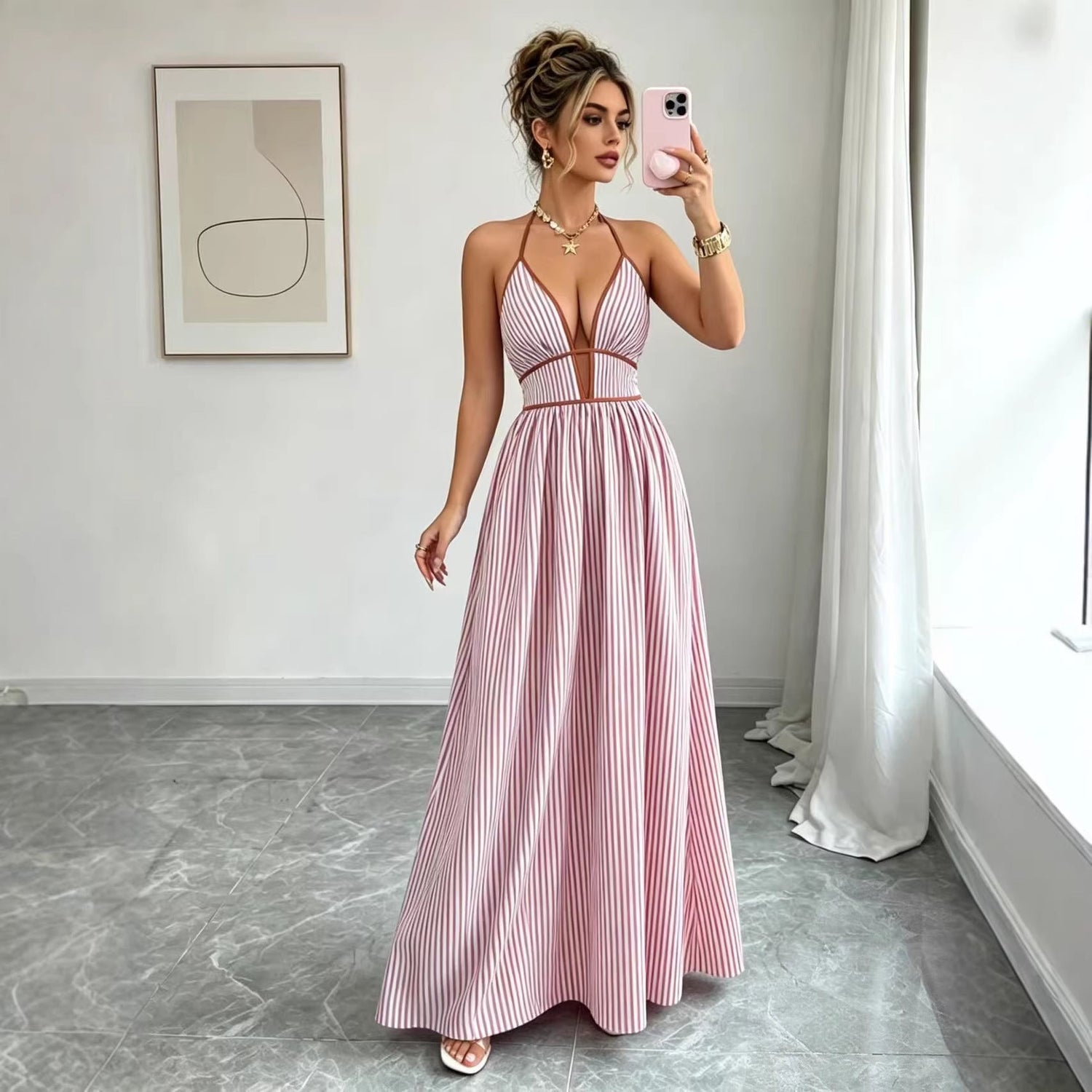 Casual Sleeveless Halter Fitted Waist Striped Color Matching Long Maxi Dress by Ragazza