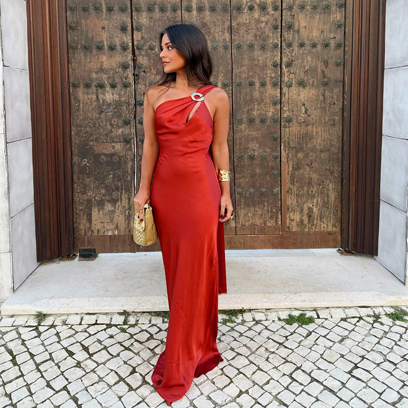 Sexy Slit Mesh Stitching One Shoulder Dress Maxi Dress Women Autumn Clothing by Ragazza