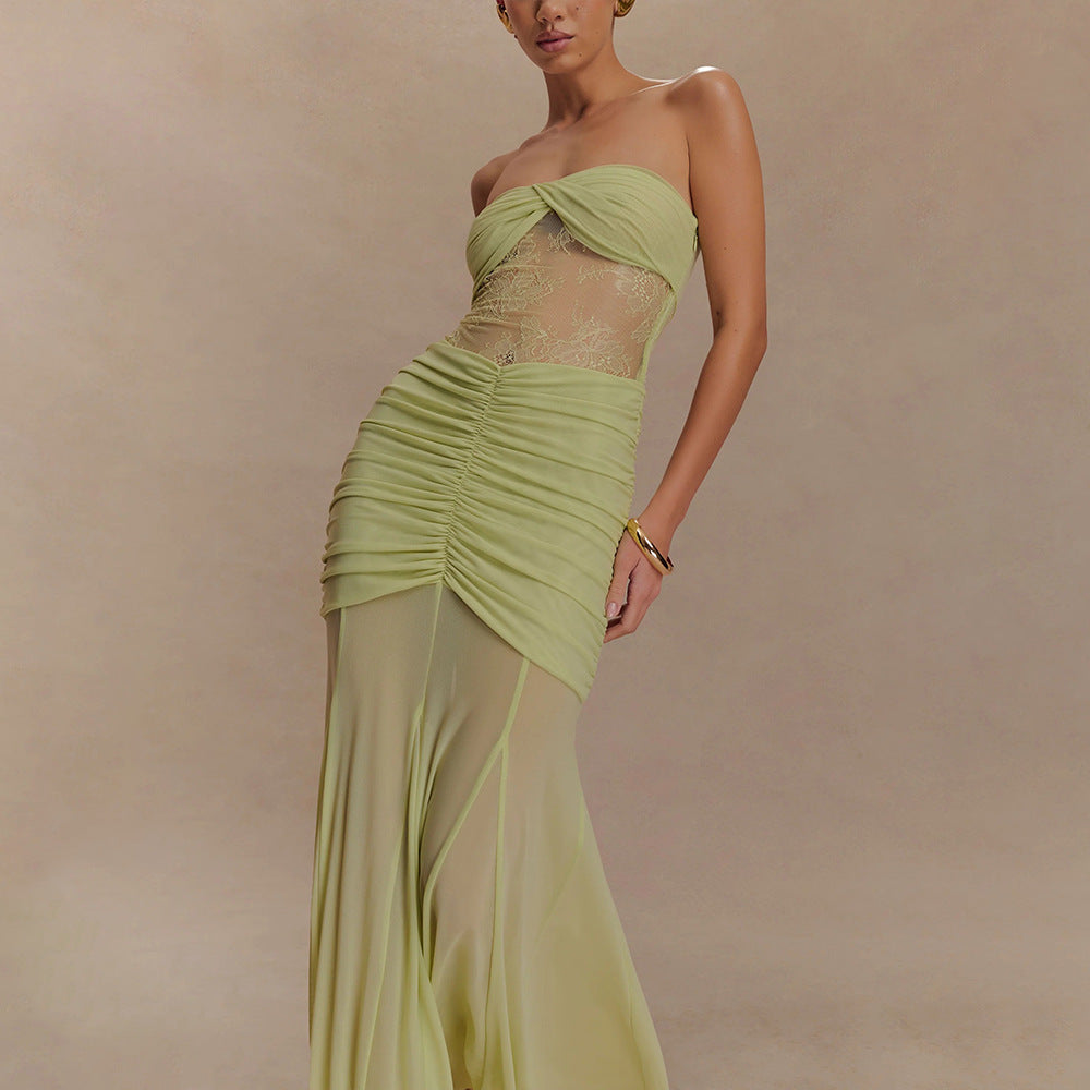 Summer Sleeveless Tube Top Dress Sexy Pleated Hollow Out Cutout Slim Dress for Women by Ragazza