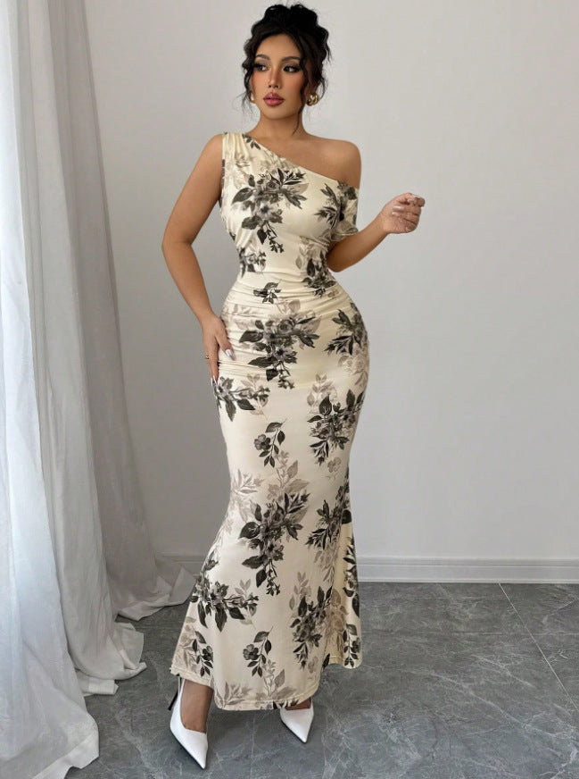 Printed Shoulder High Waist Sheath Dress Slimming Dress by Ragazza