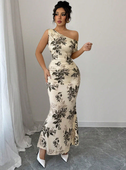 Printed Shoulder High Waist Sheath Dress Slimming Dress by Ragazza