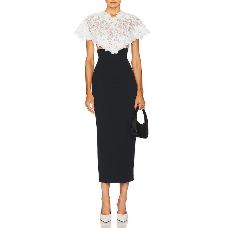 Elegant Socialite Chanel Dress High Grade Lace Stitching Shawl Slim Slimming Sheath Dress by Ragazza
