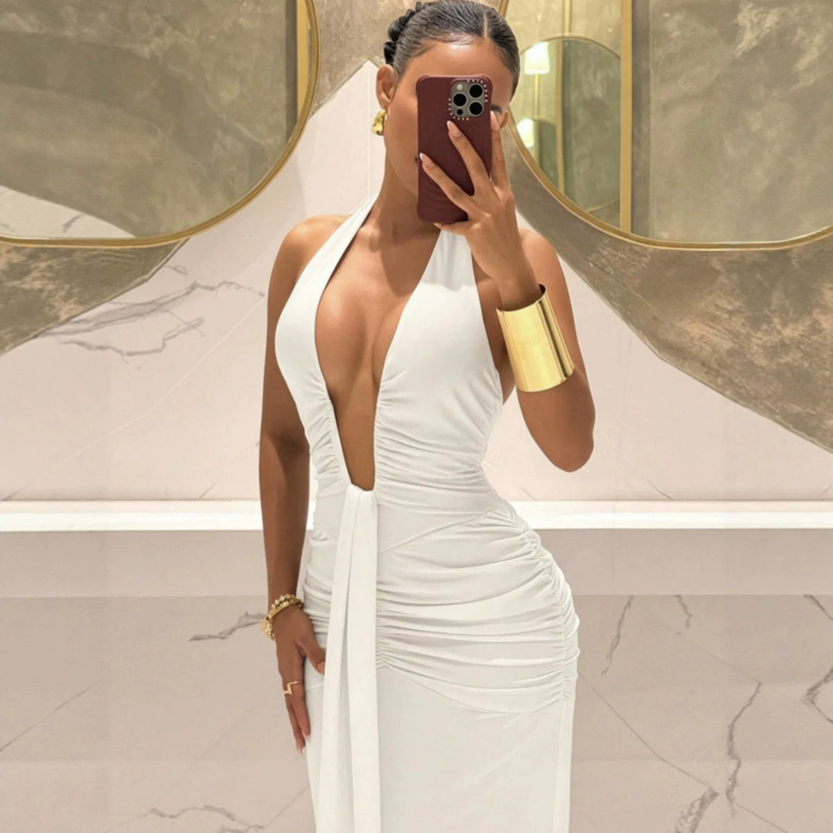 Women Halter Deep V Plunge Pleated Slim Fit Mopping Dress Slimming Sheath Fishtail Dress  DestGlow
