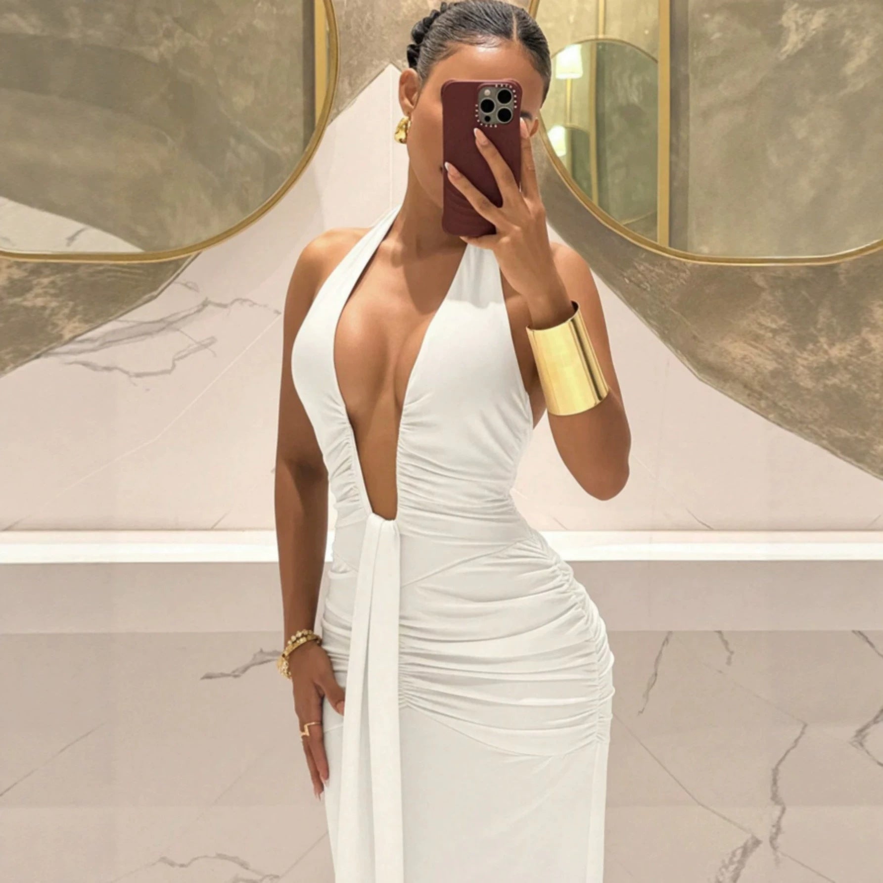 Women Halter Deep V Plunge Pleated Slim Fit Mopping Dress Slimming Sheath Fishtail Dress  DestGlow