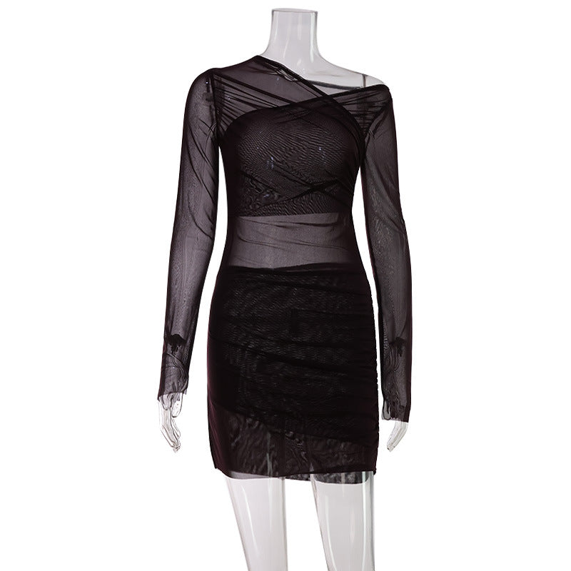Winter Elegant Graceful Chest Cross Design Pleated Waist Tight Micro Transparent Slim Yarn Woven Hip Dress by Ragazza