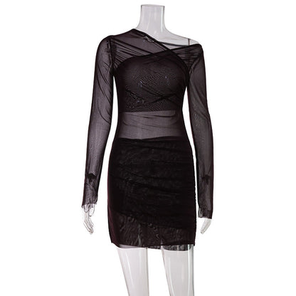 Winter Elegant Graceful Chest Cross Design Pleated Waist Tight Micro Transparent Slim Yarn Woven Hip Dress by Ragazza