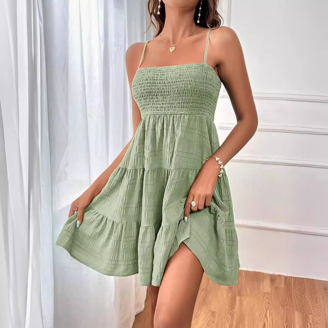 Women Clothing Summer off Neck Camisole Solid Color All Matching Texture Dress by Ragazza