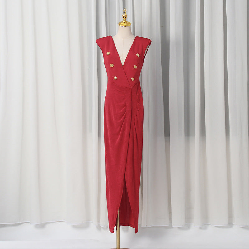 Spring V neck Sleeveless Design Split Dress Tight Waist Slimming Metal Decorative Dress Women by Ragazza
