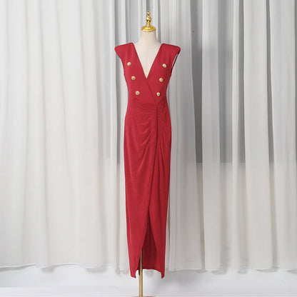 Spring V neck Sleeveless Design Split Dress Tight Waist Slimming Metal Decorative Dress Women by Ragazza