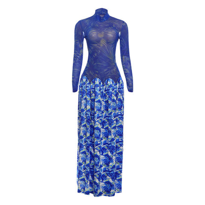 Autumn Winter Women Blue Enchantress Mesh Stitching Long Sleeves Half Turtleneck A line Dress by Ragazza