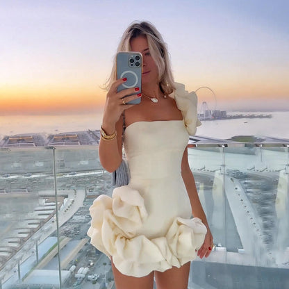 Women Clothing Dress Ruffled Bud Waist Dress One Shoulder Tube Top Hip Dress