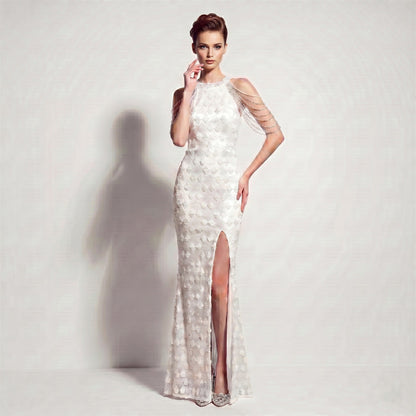 Evening Dress Sequ High Slit Tassel Shoulder Chain Cocktail Party Long Dress by Ragazza