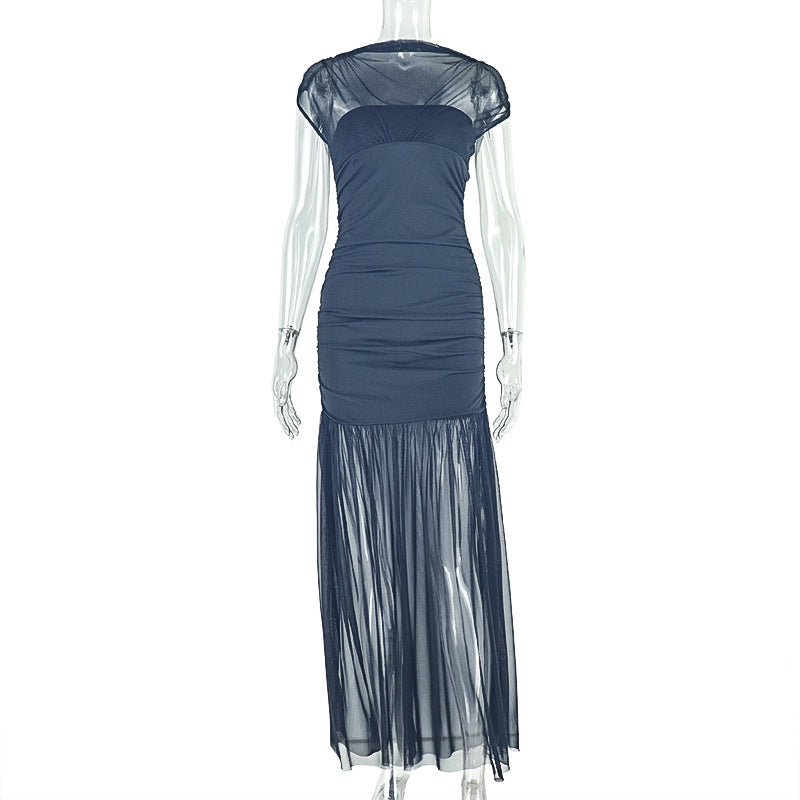 Elegant Slim Women Clothing Solid Color Splicing Package Hip Dress Sleeveless Turtleneck Pleated Office Length Dress by Ragazza
