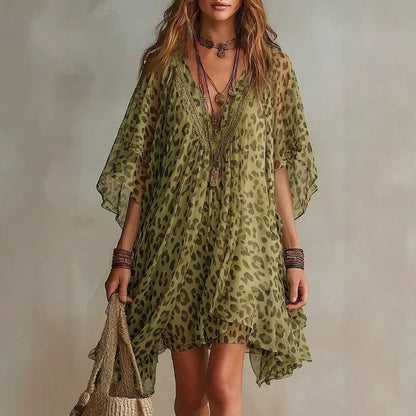 Summer Women Clothing V neck Chiffon Dress Seaside Vacation Loose Blouse Leopard Print Beach Dress  DestGlow