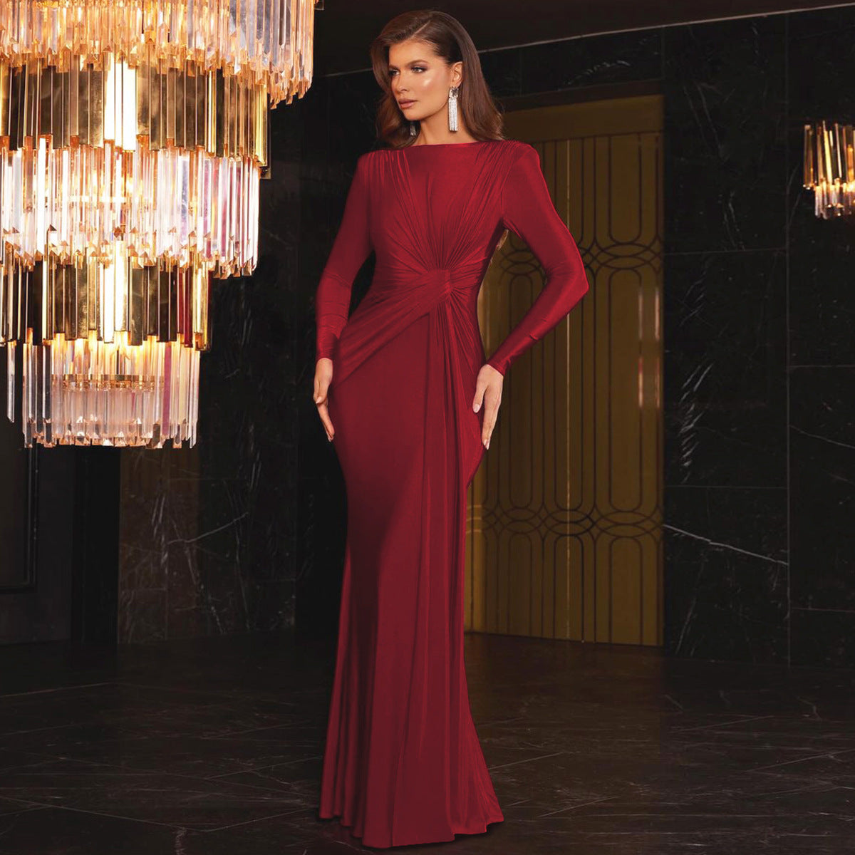 Women Evening Dress Autumn Slim Fit Round Neck Long Sleeves Dress by Ragazza