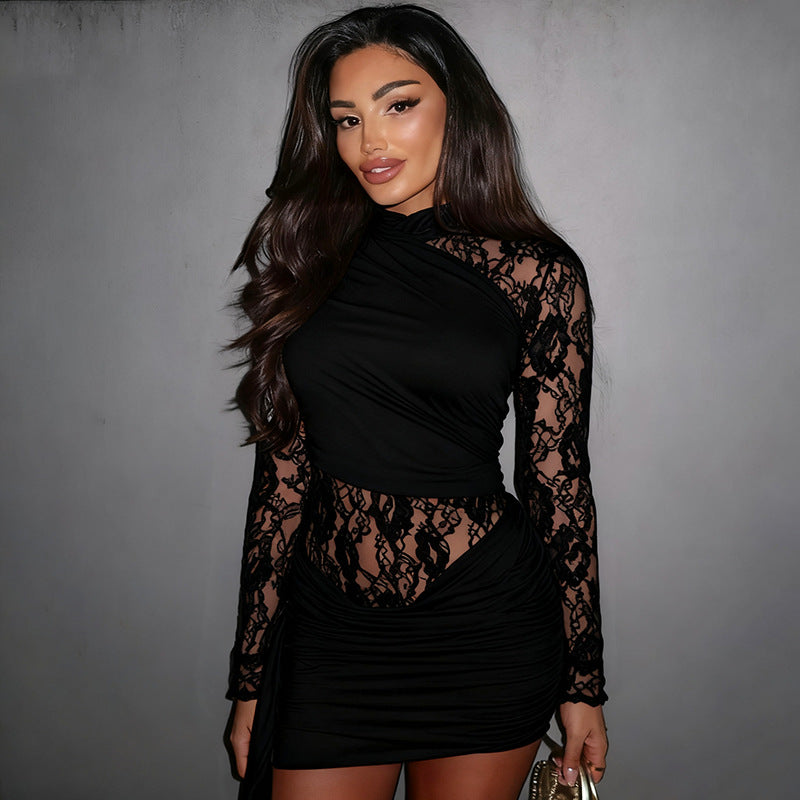 Women Clothing Autumn Winter Solid Color Stitching Lace round Neck Slim Fit Long Sleeved Ribbon Short Dress by Ragazza
