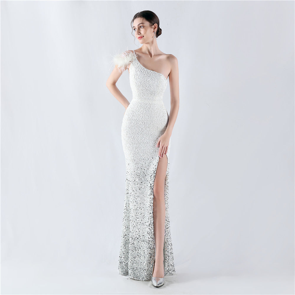 Dress Gradient Velvet Bottom Sequin Craft Order Ostrich Feather One Shoulder Diagonal Collar High Fork Evening Dress by Ragazza
