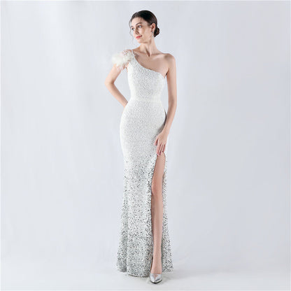Dress Gradient Velvet Bottom Sequin Craft Order Ostrich Feather One Shoulder Diagonal Collar High Fork Evening Dress by Ragazza