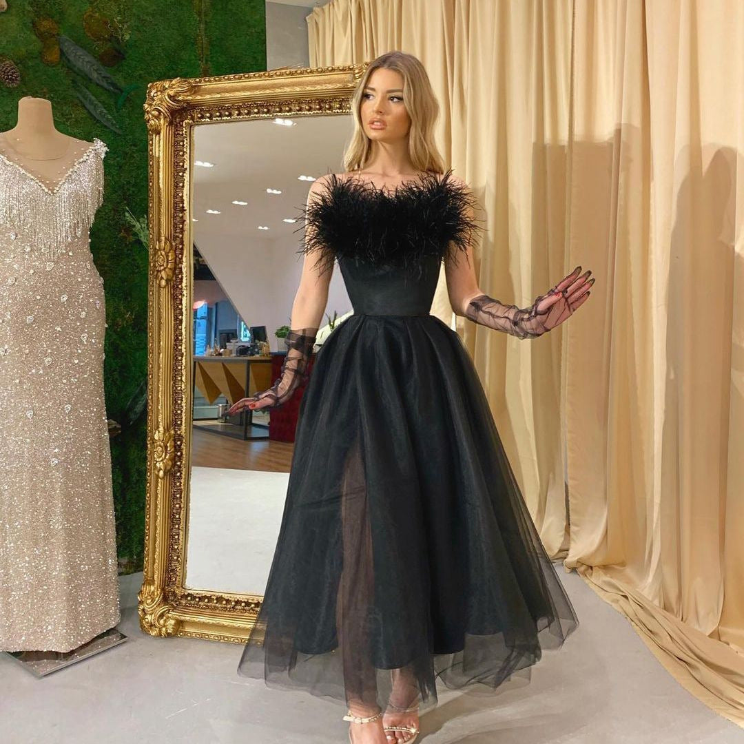 Spring Summer Women Clothing Feather Straps Tulle Elegant Evening Dress by Ragazza