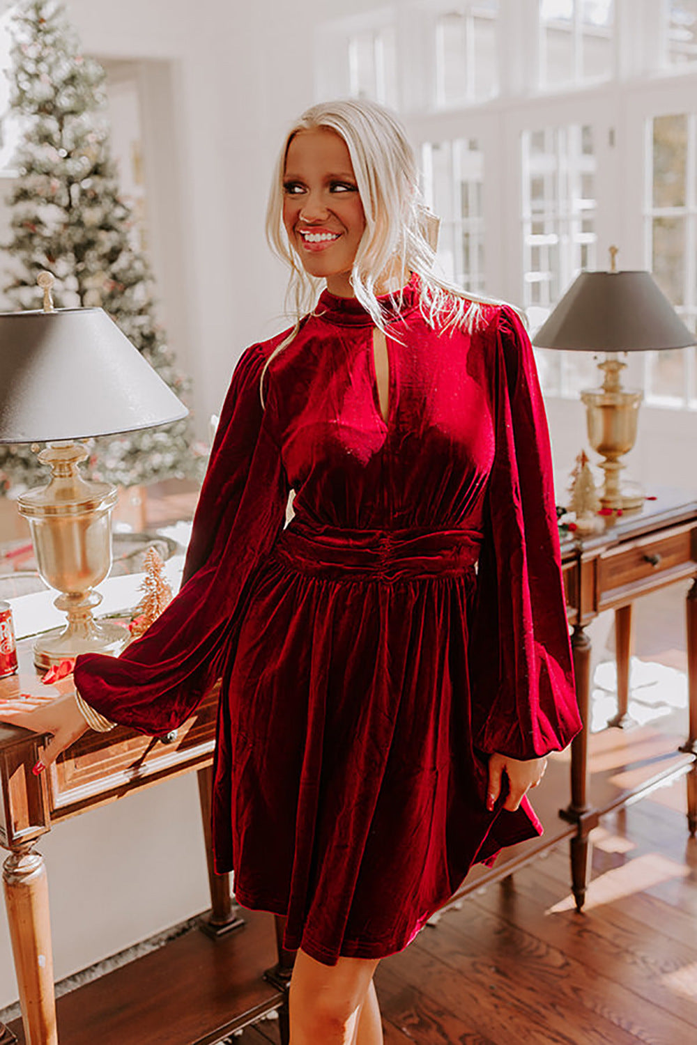 Women Clothing Velvet Christmas Dress Autumn Winter Sexy Cutout Waist Controlled Long Sleeves Dress by Ragazza