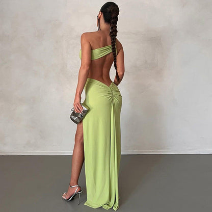 Sloping Shoulder Dress Solid Color Pullover Sexy Backless Evening Dress Long Socialite Split by Ragazza