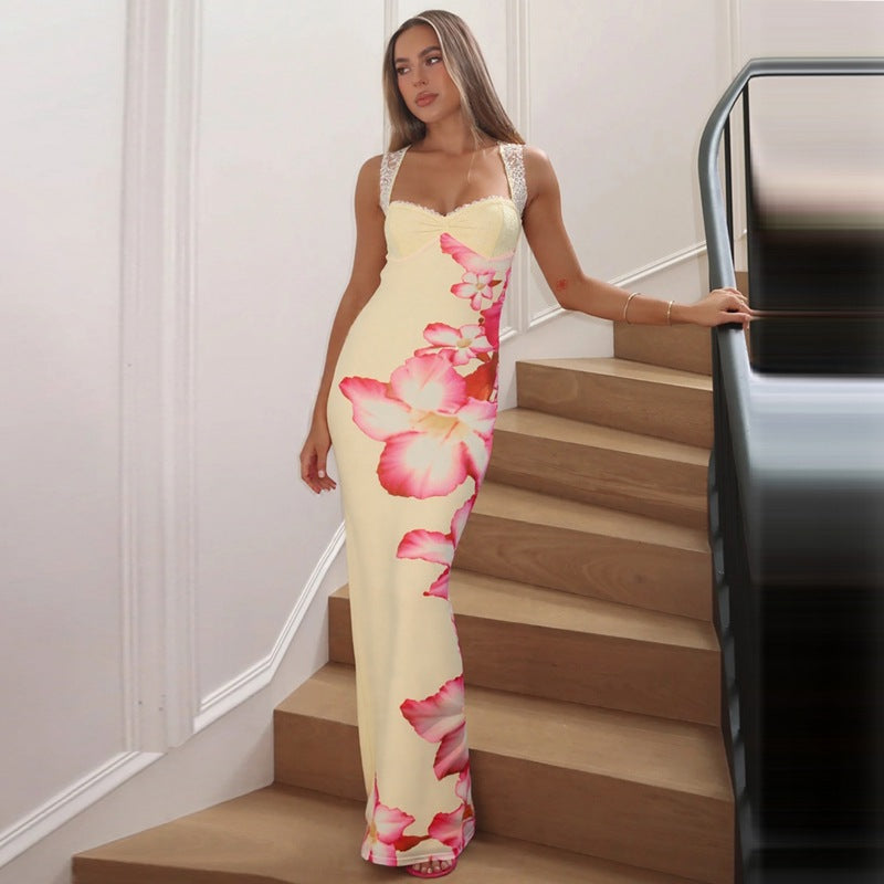 Women Clothing Summer Floral Print off Neck Lace Splicing Sling Backless Dress by Ragazza