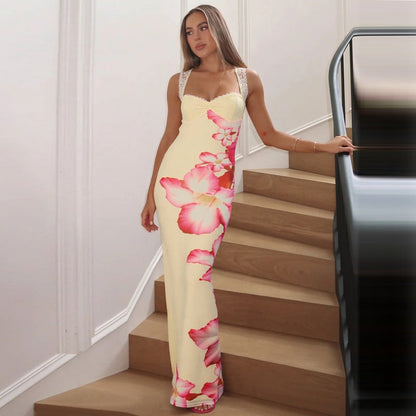 Women Clothing Summer Floral Print off Neck Lace Splicing Sling Backless Dress by Ragazza