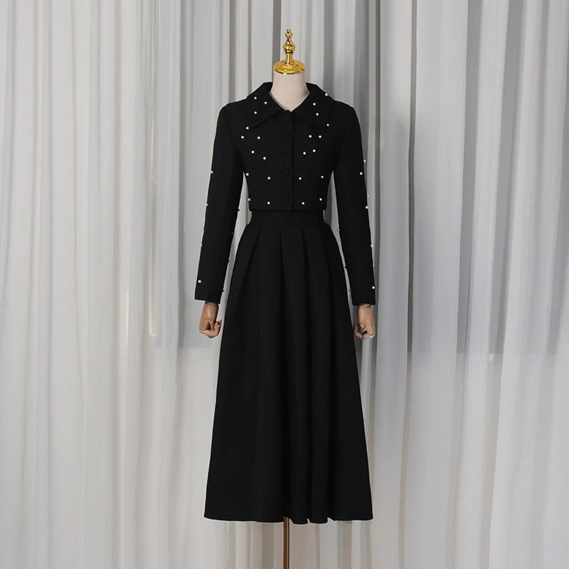 Spring Elegant Pleated Slim Maxi Dress Solid Color Beaded Collared Long Sleeve Two Piece Sets Women by Ragazza