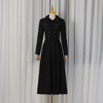 Spring Elegant Pleated Slim Maxi Dress Solid Color Beaded Collared Long Sleeve Two Piece Sets Women by Ragazza