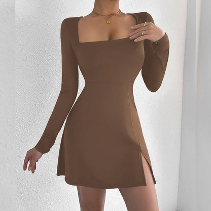Women Clothing Square Collar Tight Long Sleeve Slit Flared Mini Sexy Dress by Ragazza