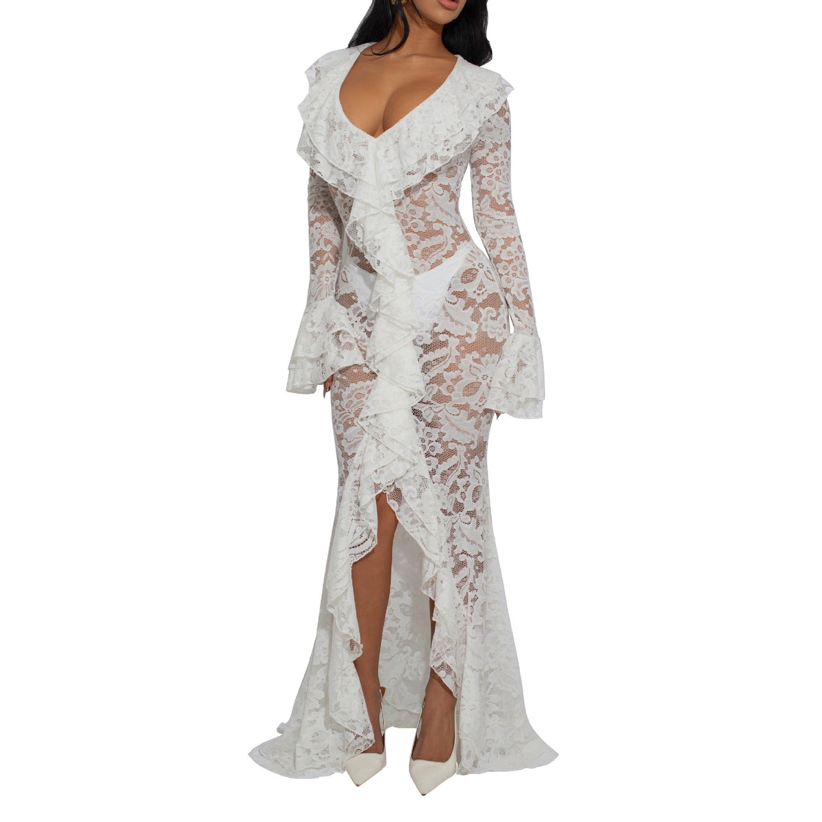 Women Clothing Sexy See through Lace V neck Long Sleeve Lace Dress Gown  DestGlow