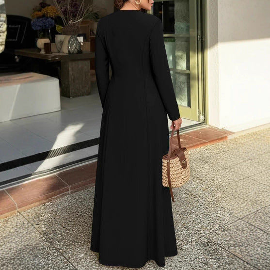 Women Clothing A line Dress round Neck Long Sleeve Zipper Pocket Maxi Dress Simple Elegant by Ragazza