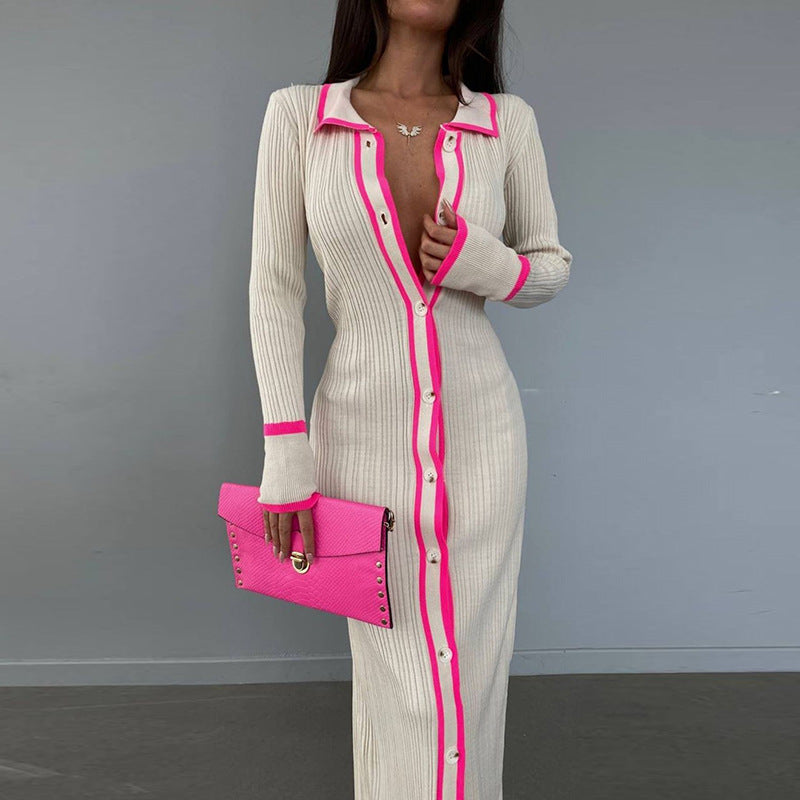 Slim Collared Patchwork Women Long Sleeved Cardigan Dress by Ragazza