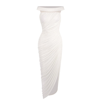 Sexy off the Shoulder Side Slit Draping Effect Pleated Slim Fit Dinner Birthday Party Dress  DestGlow