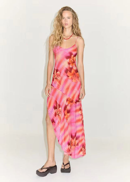 Backless Bandage Slit Printing Dress Women Clothing Printing Slip Dress by Ragazza