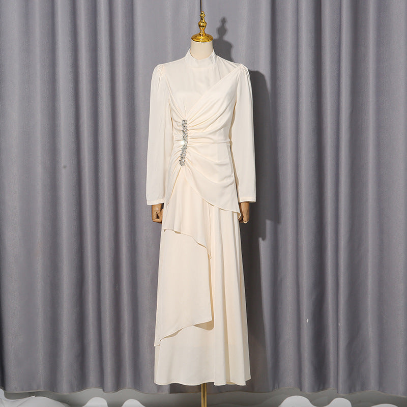 Elegant Palace Light Luxury Formal Dress Women Clothing Autumn Solid Color Diamond Pleated Long Sleeve Dress by Ragazza