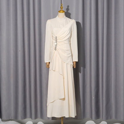 Elegant Palace Light Luxury Formal Dress Women Clothing Autumn Solid Color Diamond Pleated Long Sleeve Dress by Ragazza