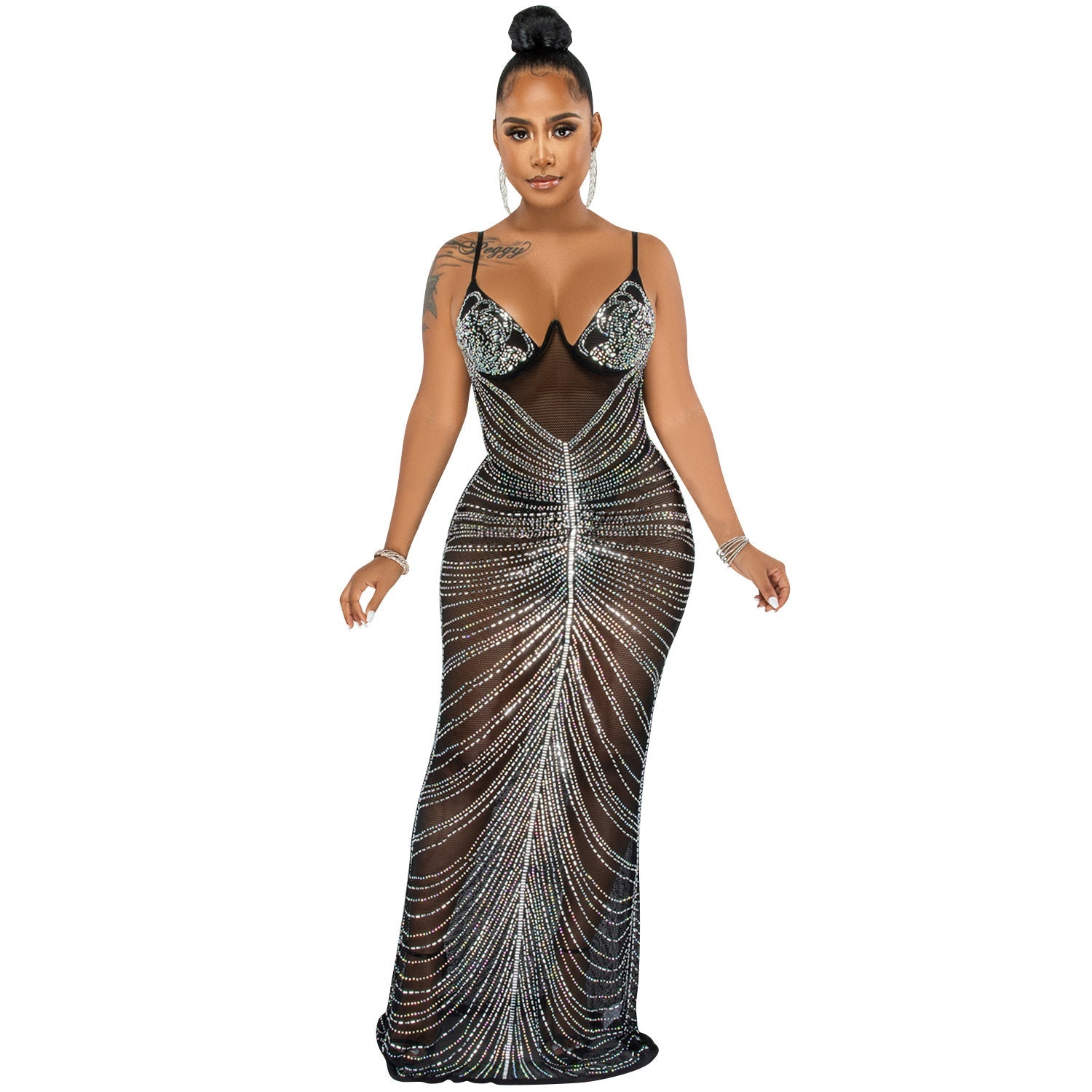Rhinestone Sexy Spaghetti Straps Corset Mesh See through Maxi Dress by Ragazza