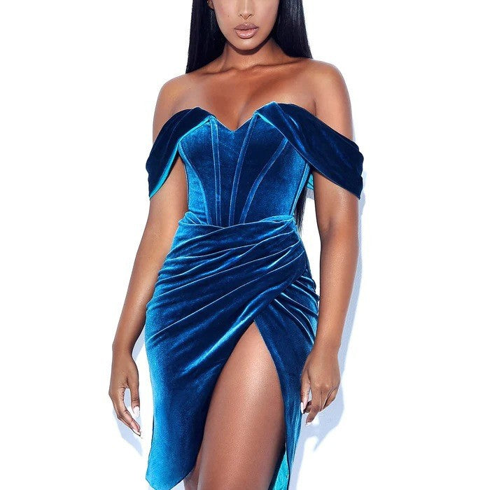 Off Shoulder Korean Velvet Boning Corset Dress Split Evening Dress Women Sexy by Ragazza