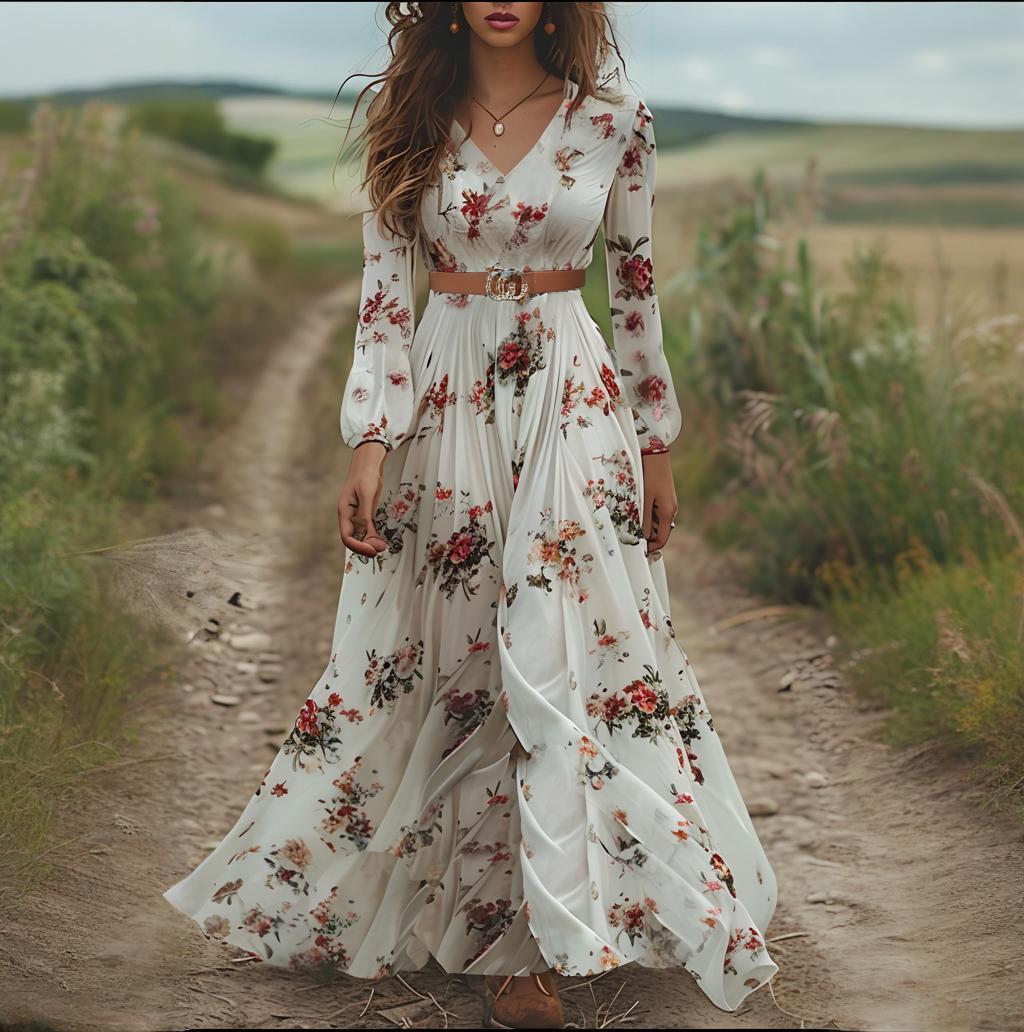 Autumn V neck Long Sleeve Printed Dress Woman by Ragazza