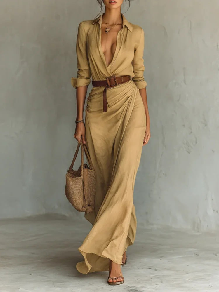 Women Clothing Autumn Elegant Graceful Sexy Solid Color Irregular Asymmetric Pleated Dress with Belt by Ragazza