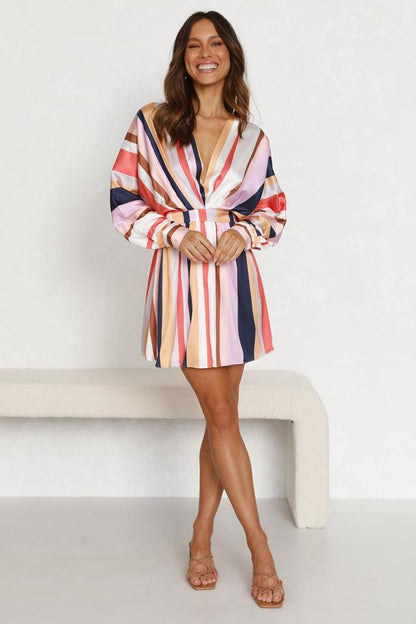 Autumn V neck Long Sleeve Color Striped Slim Dress for Women by Ragazza