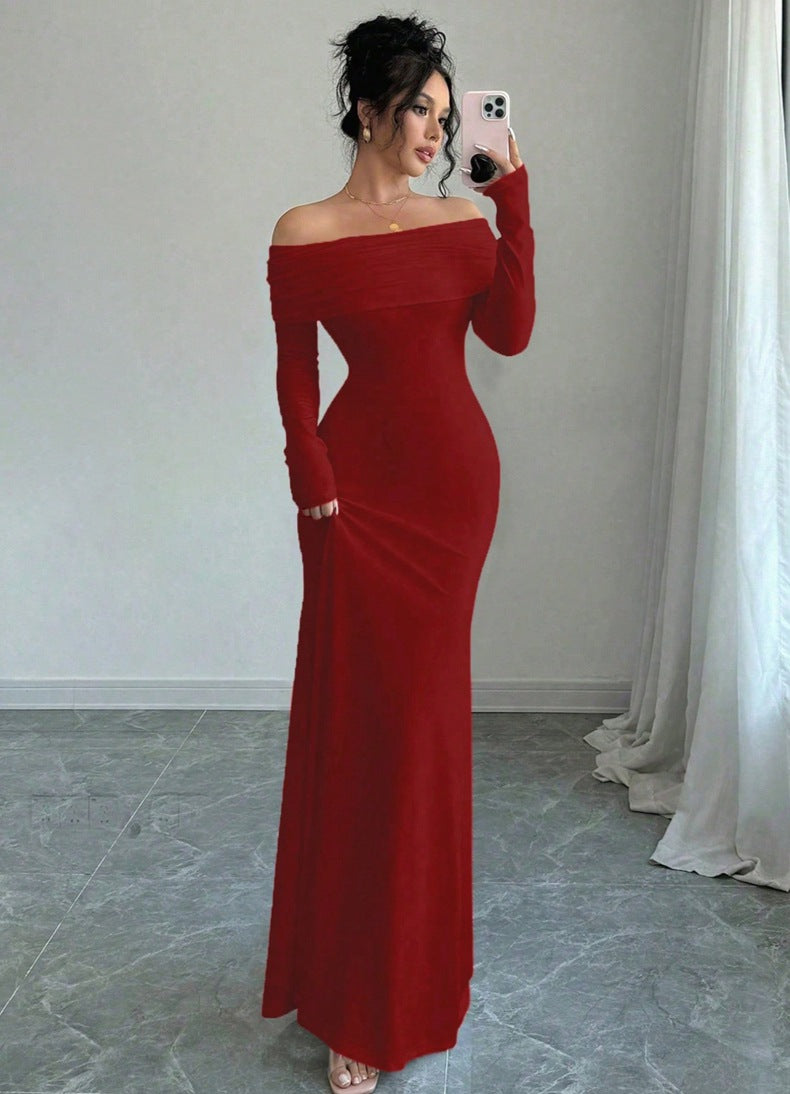 Women Clothing Autumn off Shoulder Four Sided Stretch Dress Tight off Shoulder Long Formal Dress by Ragazza