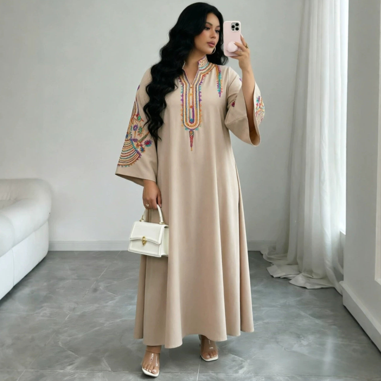 Ethnic Embroidered Pullover Dress Loose Robe Rope Embroidery Craft Women Clothing  DestGlow