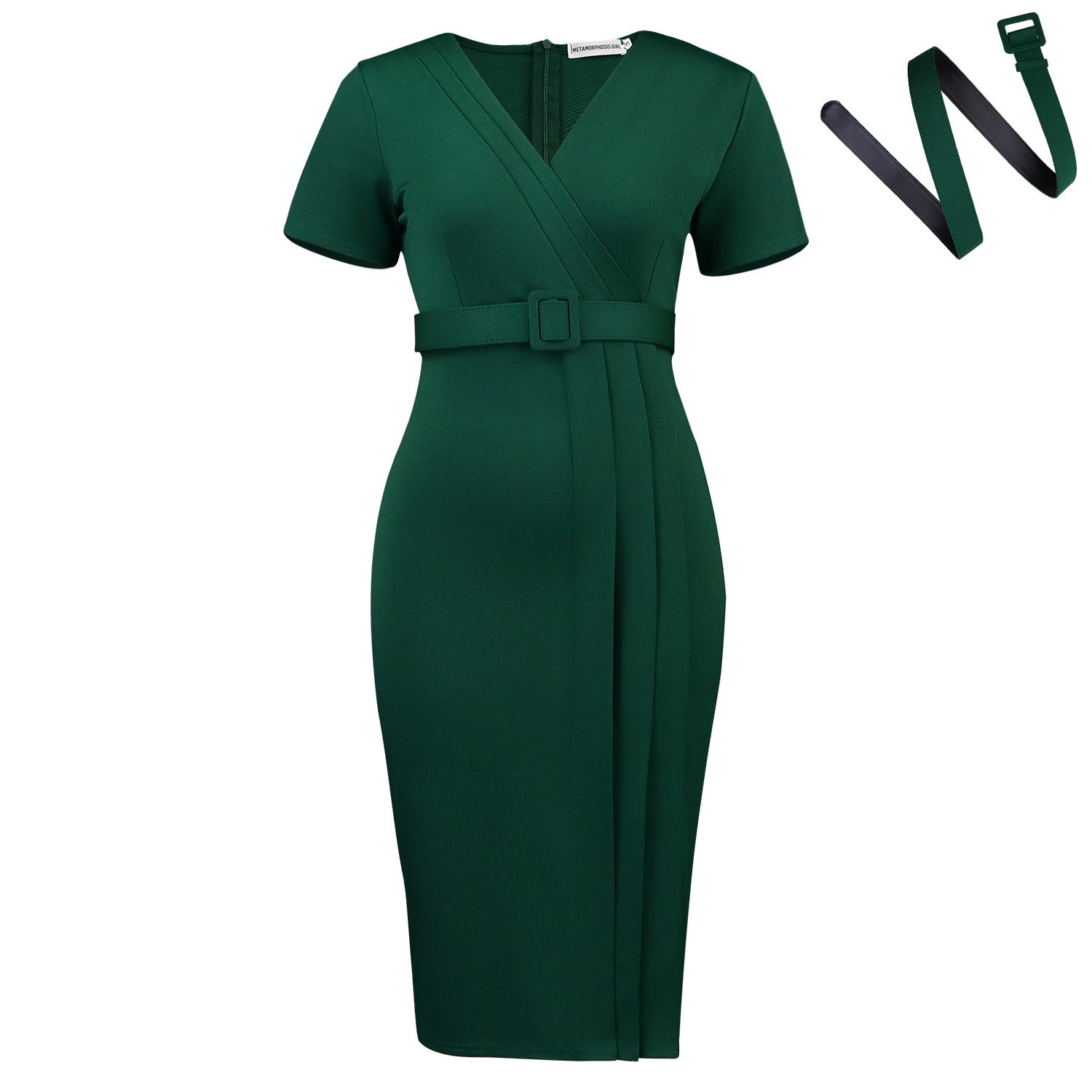 Women Clothing Summer Short Sleeved V neck Fashionable Elegant Solid Color Office Dress by Ragazza