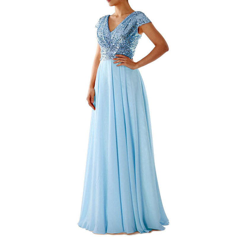 Summer Dress V neck Sequ Chiffon Stitching Evening Maxi Dress by Ragazza