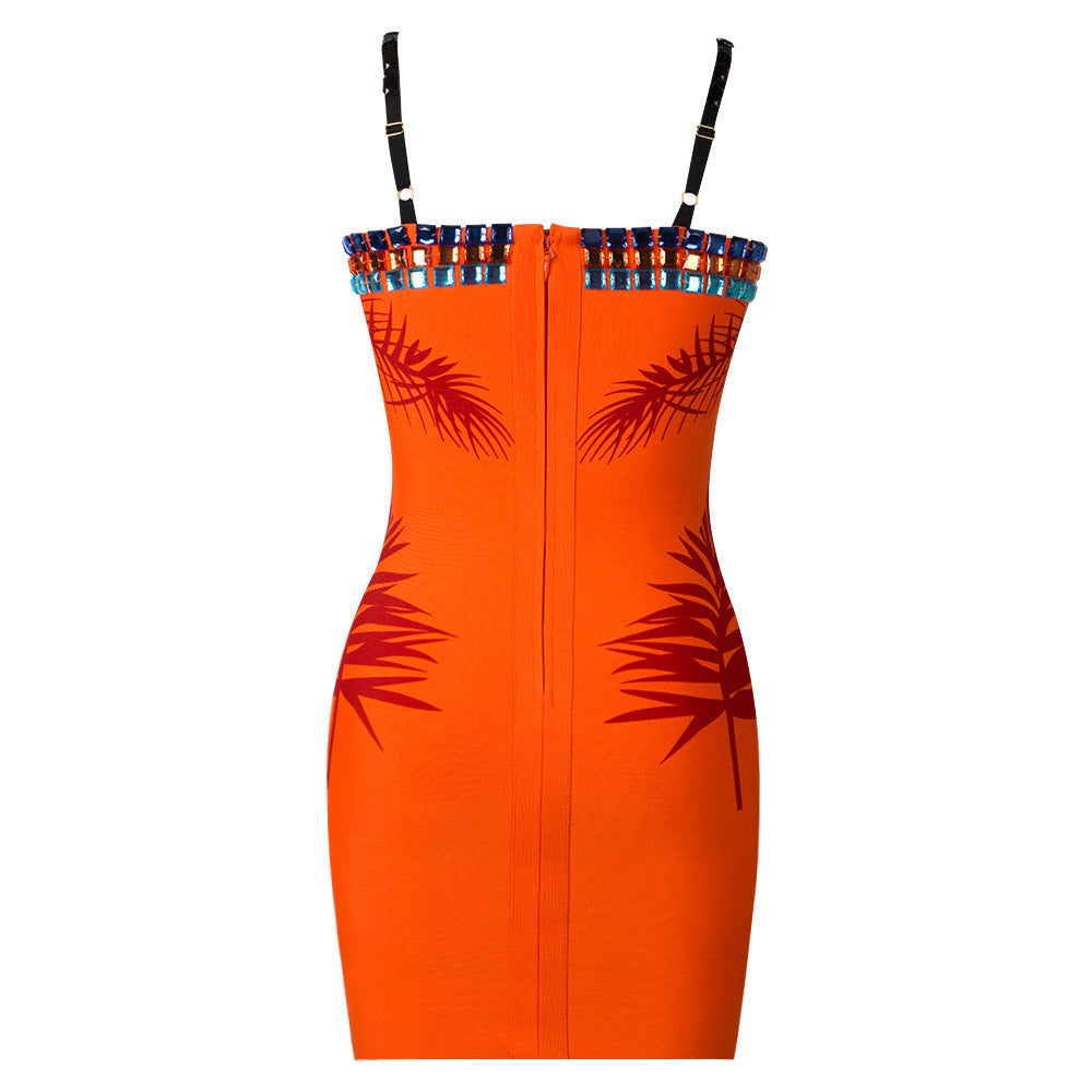 Star Sexy Heavy Industry Beads Printed Mesh V neck Strap Tube Top Backless Bandage One Piece Dress by Ragazza